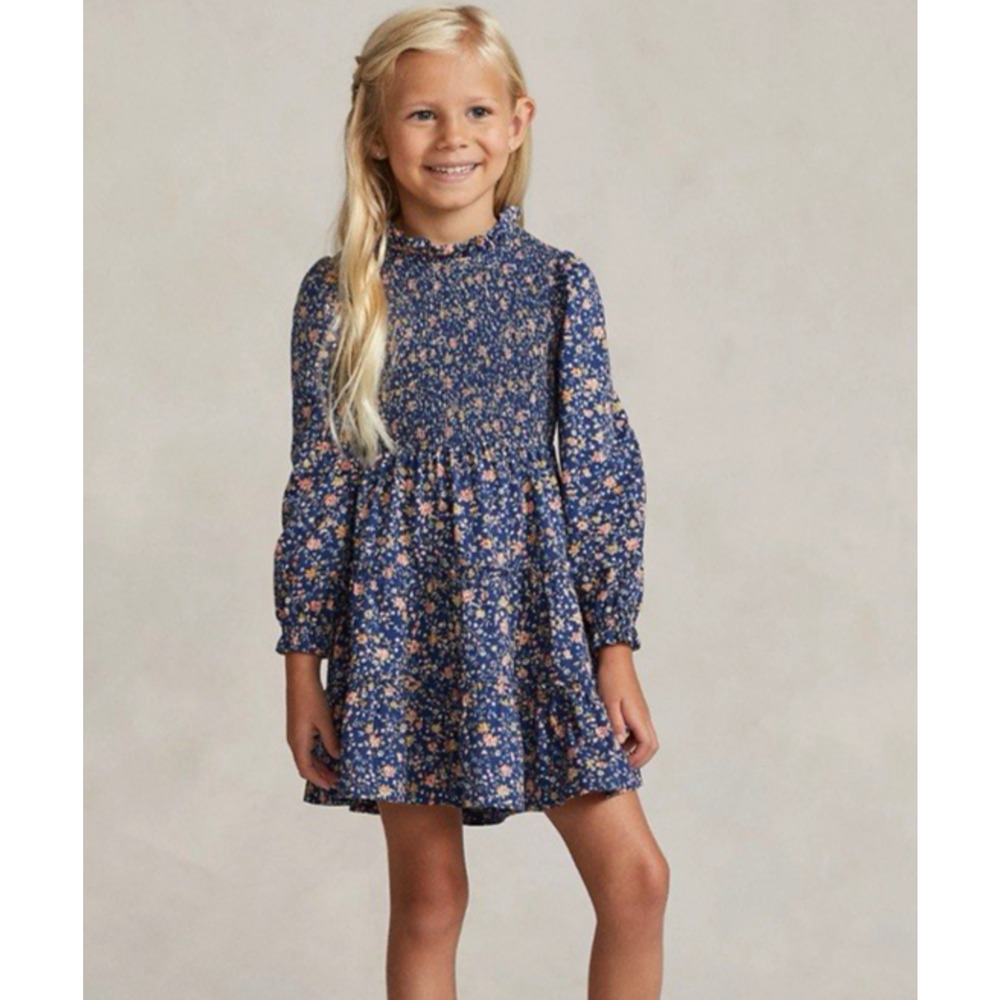 POLO Ralph Lauren Smoked Dress 10 Floral Knee Long Sleeve Purple